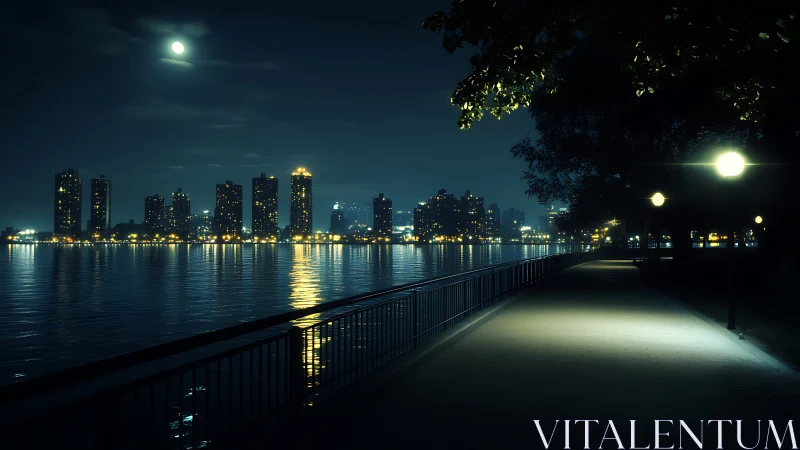Urban riverside promenade is illuminated under moonlit sky