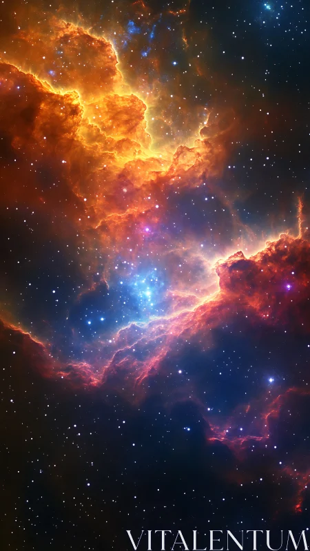 Fiery nebula clouds ignite a luminous starfield in space.