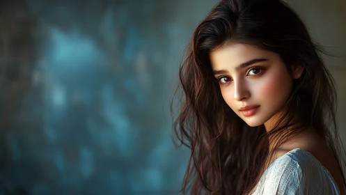 Photorealistic portrait with shallow depth and teal bokeh field.