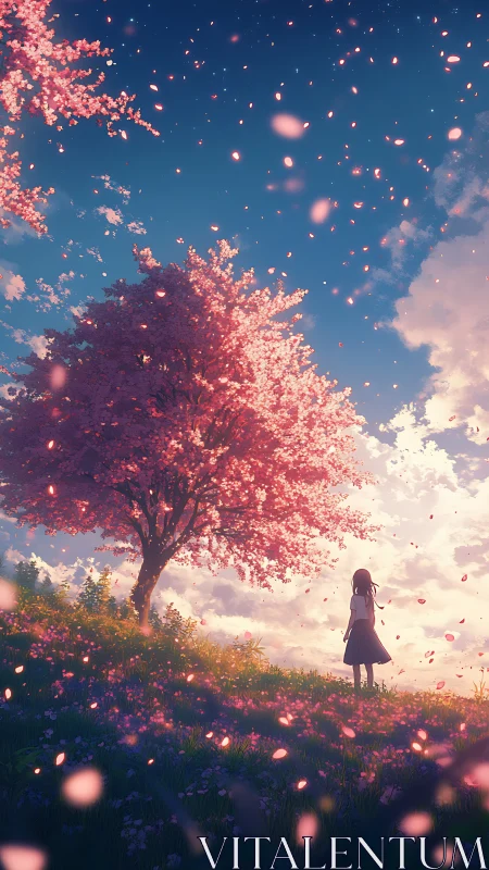 Solitary girl beneath luminous cherry tree at golden hour
