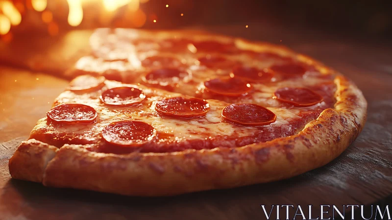 Wood-fired pepperoni pizza rendered in warm photoreal light