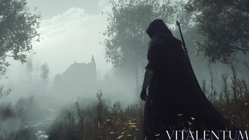Hooded cloaked figure on foggy forest path toward structure.