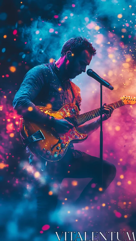Silhouetted guitarist performs amid neon bokeh and stage haze
