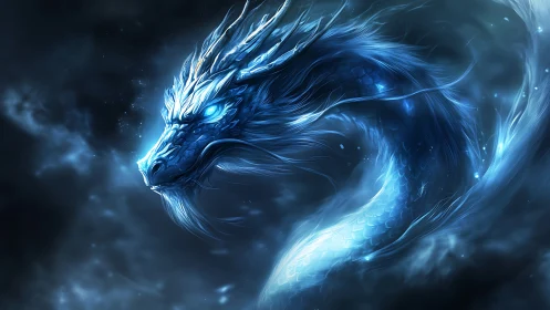 Moonlit blue dragon glides through swirling cosmic mist