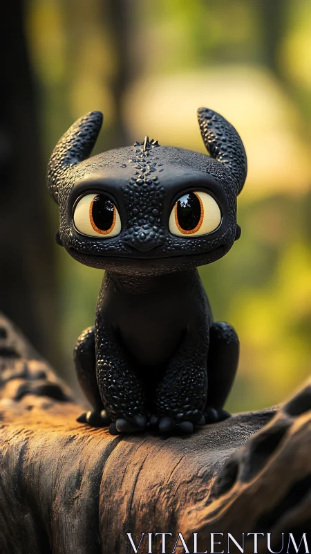 Small black cartoon dragon perched on textured forest log.