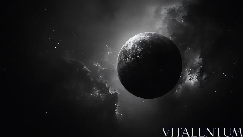 Dark exoplanet silhouette against luminous starfield.