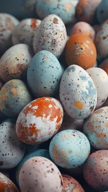 Speckled multicolored eggs in dense overlapping arrangement.