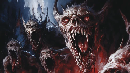 Nightmarish vampiric horde lunging from bloodlit shadows.