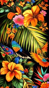 Vibrant tropical flowers and parrots on deep black background.
