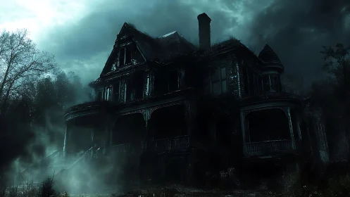 Abandoned Victorian mansion looms under storm-dark night sky