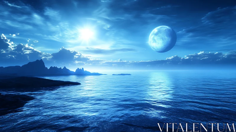 Blue alien ocean reflects distant moonlit sky with clarity