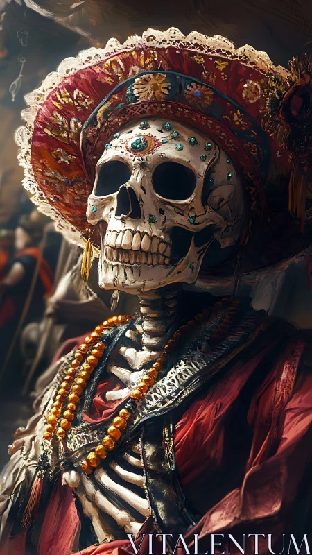 Jewel crowned skeleton matriarch in radiant festival robes.