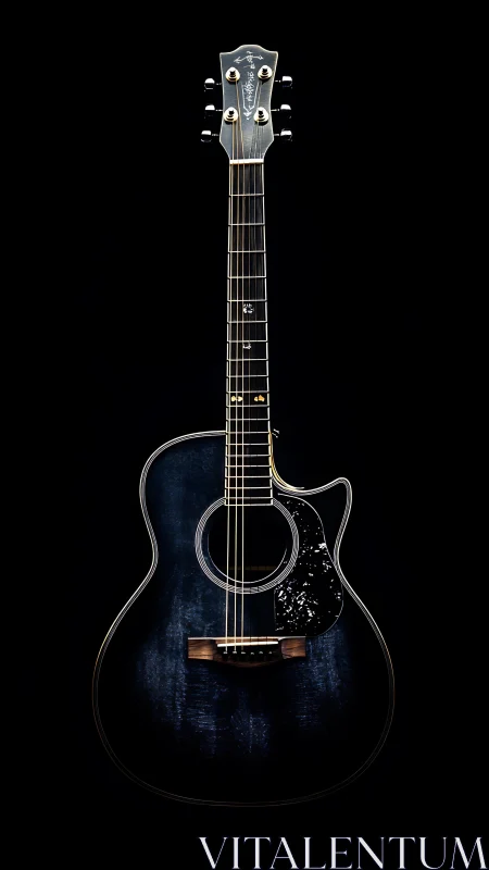 Dark cutaway acoustic guitar on black background, full view.