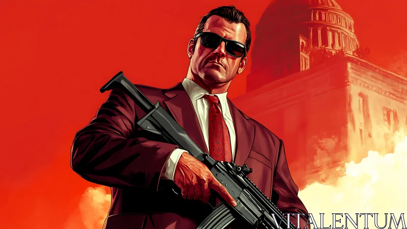 Suited man holding rifle stands before domed building
