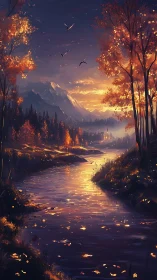 Autumn river valley reflects low-angle sunset with layered mountains