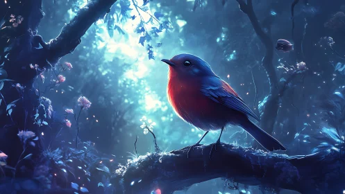 Vibrant Robin in Enchanted Forest, Digital Fantasy Art Style.