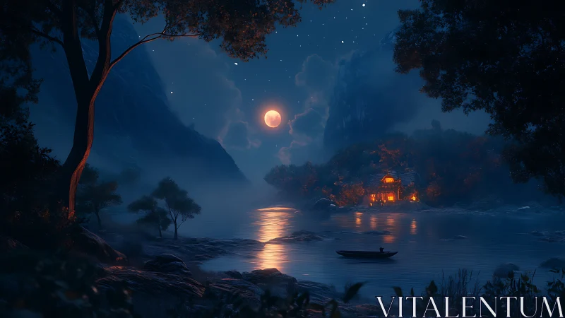 Moonlit lakeside sanctuary glows softly in tranquil night
