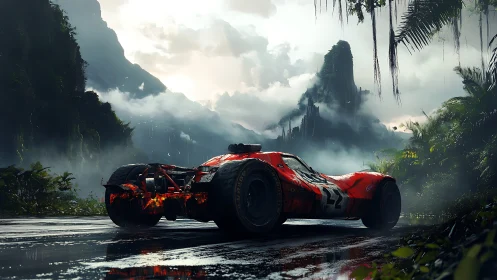 Red race car on wet jungle road with misty cliffs beyond.