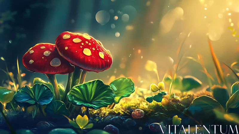 Macro-lit amanita cluster within volumetric forest haze.