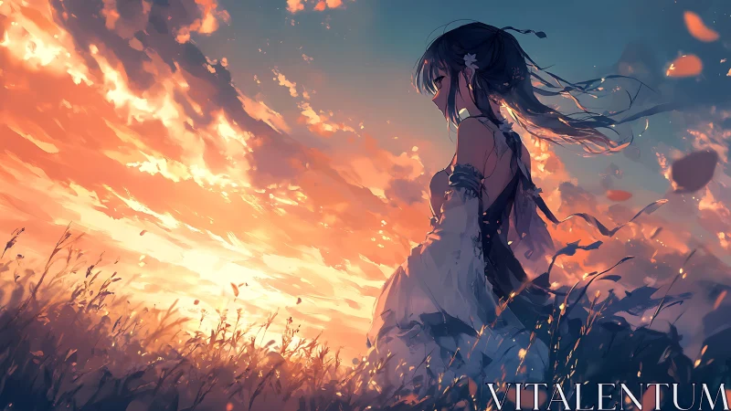 Sunlit anime girl in windswept meadow at blazing sunset.