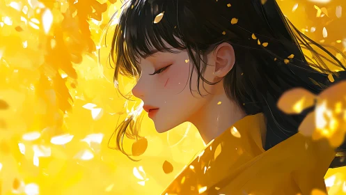 Profile portrait of girl in yellow leaves, eyes closed.