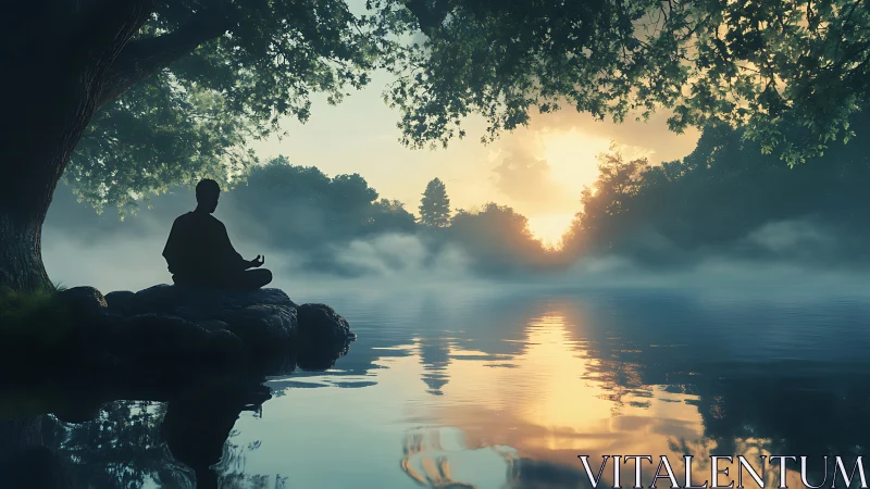 Silhouette in seated meditation beside calm misty lake at dawn.