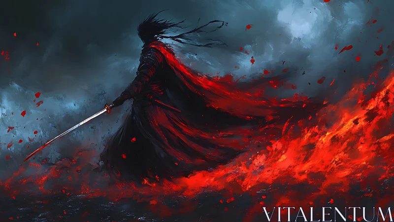 Lone swordsman strides through red flames under storm sky.