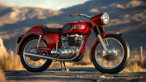 Sunlit red vintage motorcycle ready for open road adventures.