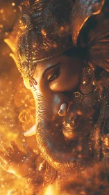 Gilded Ganesha in cascading firelight and sacred embers.