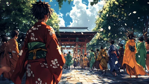 Procession in kimonos approaches a sunlit shrine gate
