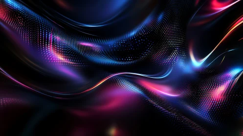 Flowing neon waves with dotted digital texture pattern.