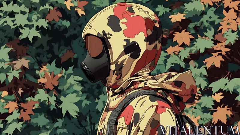 Camo hooded wanderer with gas mask in stylized foliage.
