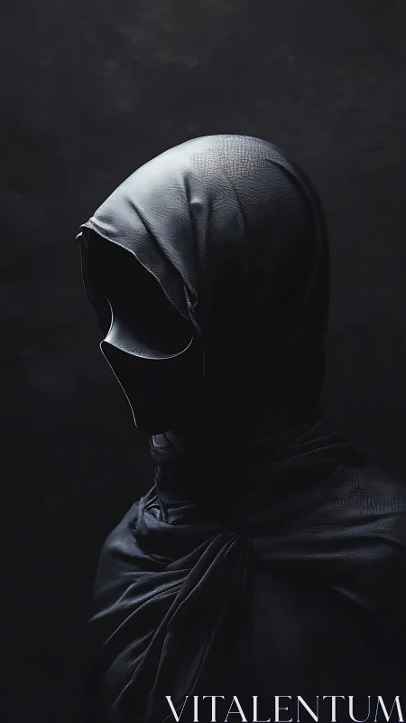 Monochrome hooded figure rendered with high contrast cloth shading