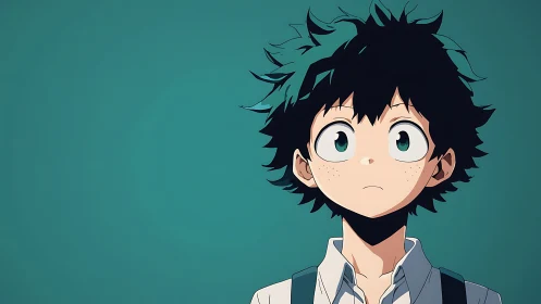 Youthful anime student with teal backdrop and soft cel shading.