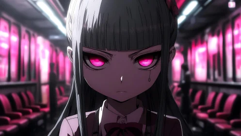 Pink-eyed anime girl on empty subway, single tear.