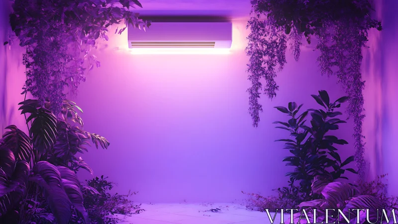 Indoor wall unit with hanging foliage in neon lighting.