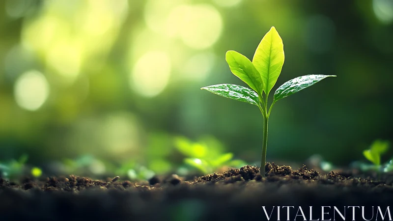 Vibrant young plant sprouting in sunlit soil, naturalistic style.
