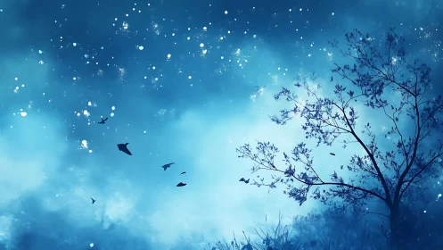 Night sky shows silhouetted tree and birds in blue mist