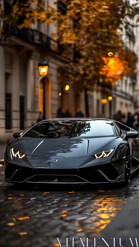 Glossy supercar rests on wet cobblestone street at dusk