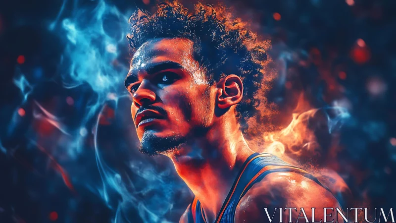 Fiery basketball portrait glows amid swirling blue smoke.