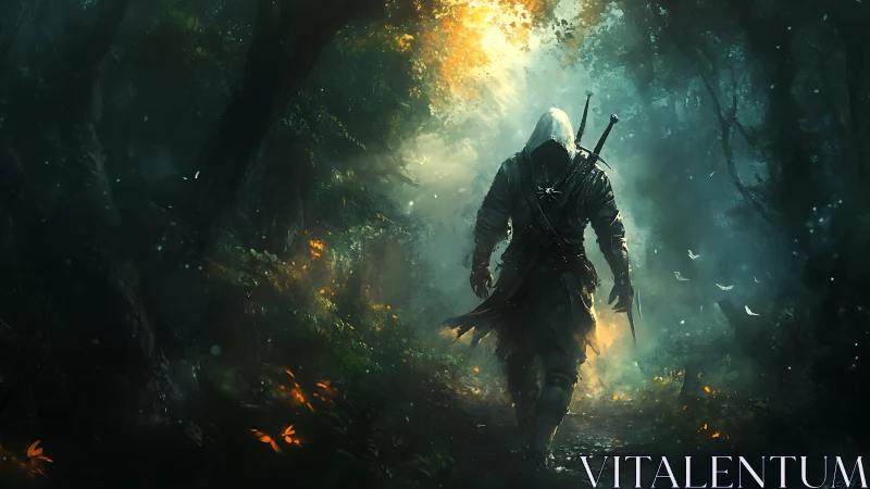 Hooded swordsman traversing volumetric-lit spectral forest.