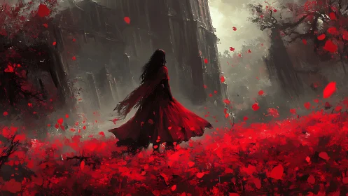 Solitary figure in red stands before a dark vertical structure