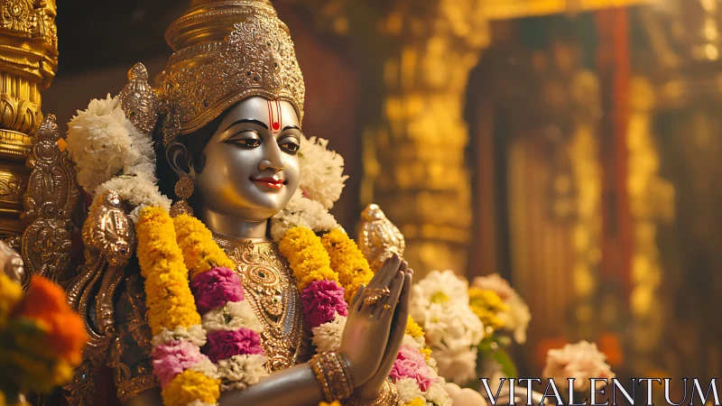 Ornate Hindu deity sculpture rendered in warm temple lighting