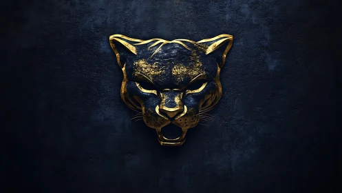 Gold panther head relief on dark textured background.