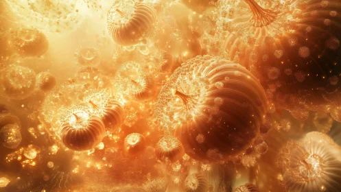 Fractal golden spheres in dense abstract volumetric field.