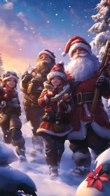 Snowbound Santa squad marching through golden twilight cheer.