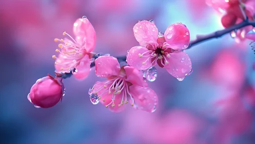 Pink Flowers with Dewdrops on Branch.