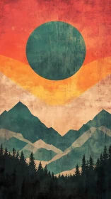 Layered mountains with textured sun disc in stylized gradient sky