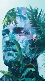 Tropical mindscape merges human portrait with lush leaf dreams.