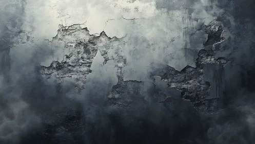 Eroded concrete facade with stratified decay and tonal fogging.